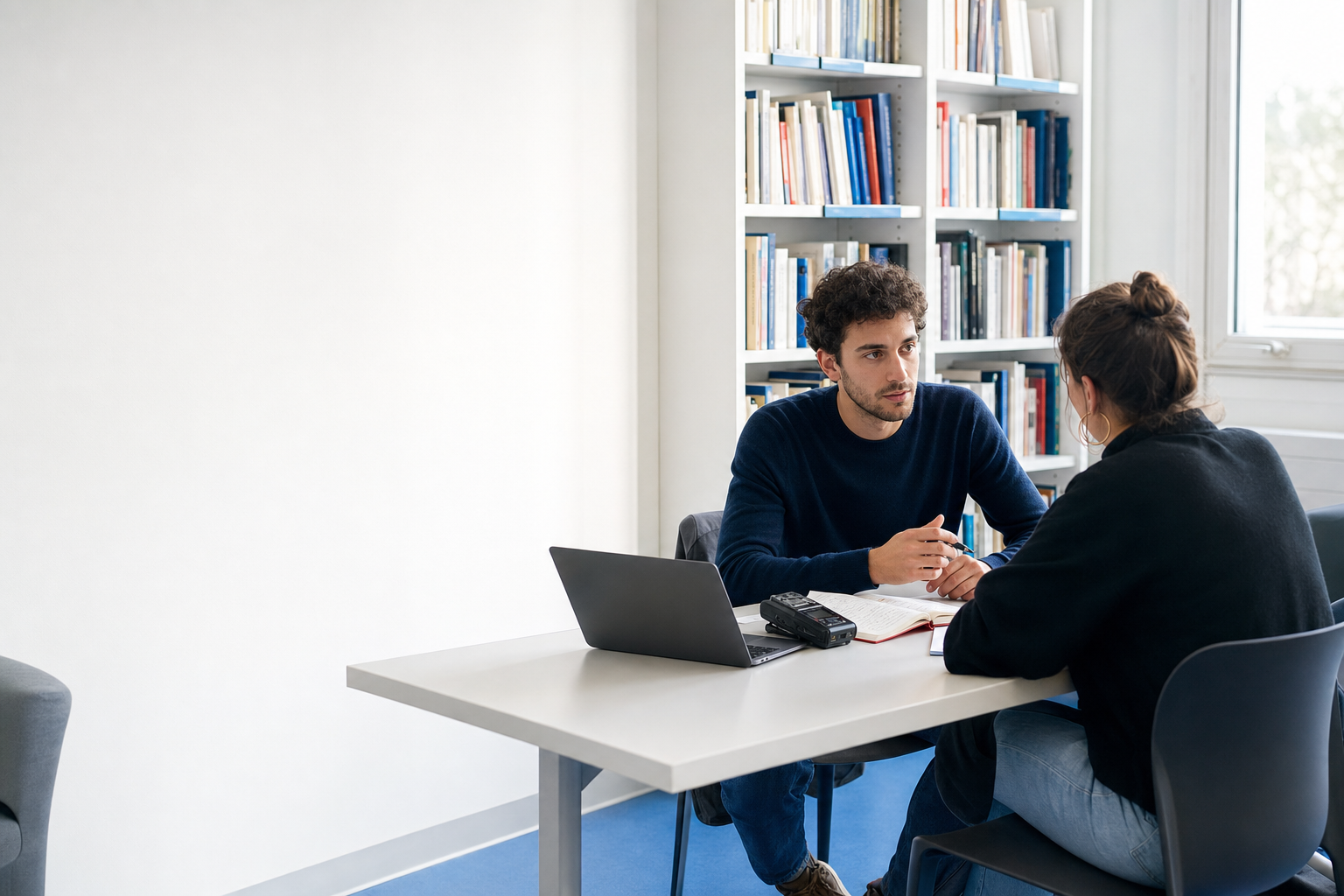Une chercheuse conduit un entretien qualitatif avec un participant